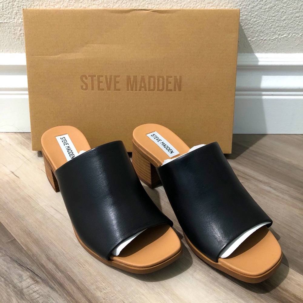 Steve Madden Black and Tan Block-Heeled Sandals